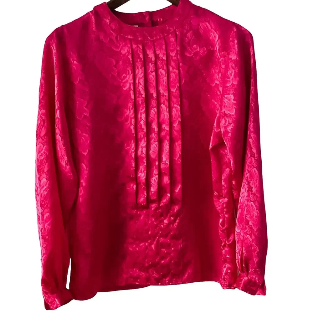 Laura Jean vintage Hot Pink Floral Embossed Back Button Secretary Blouse size 10